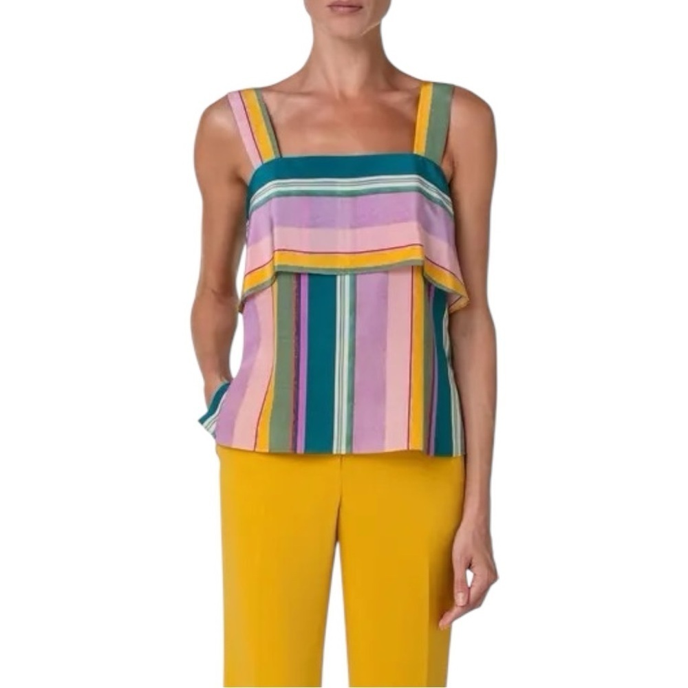 Akris Punto Stripe Sleeveless Square Neck Silk Top Size 10 Career Basic